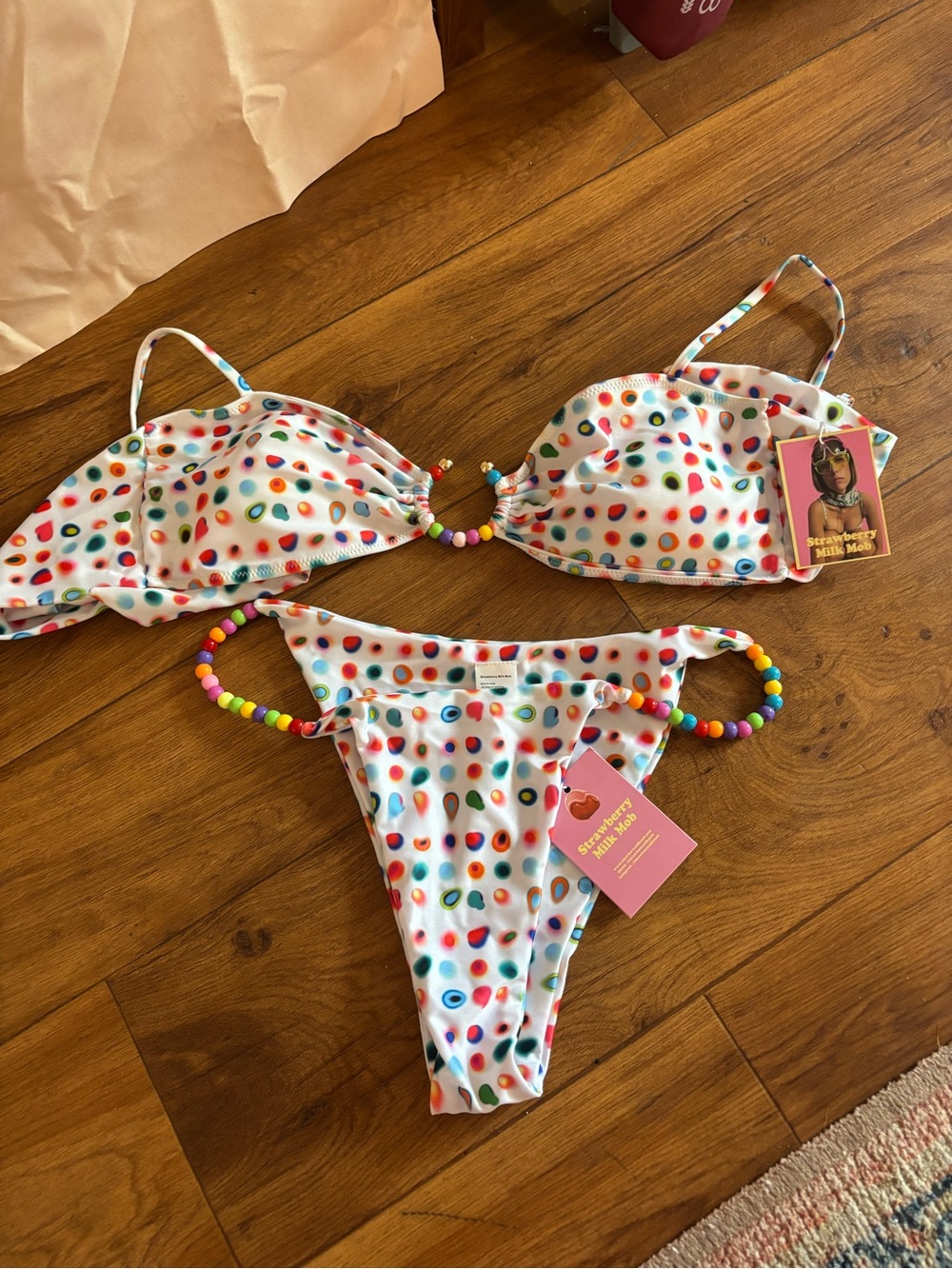 Strawberry Milk Mob Multicolor Polka Dot Beaded Bikini Set